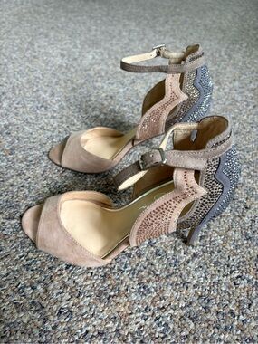 Jessica Simpson Suede Ankle-Strap Heels in Taupe and Gray